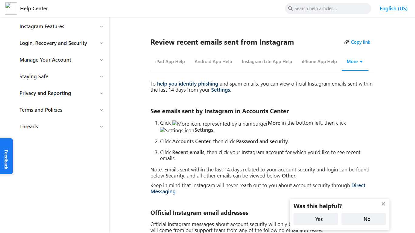 Review recent emails sent from Instagram Instagram Help Center