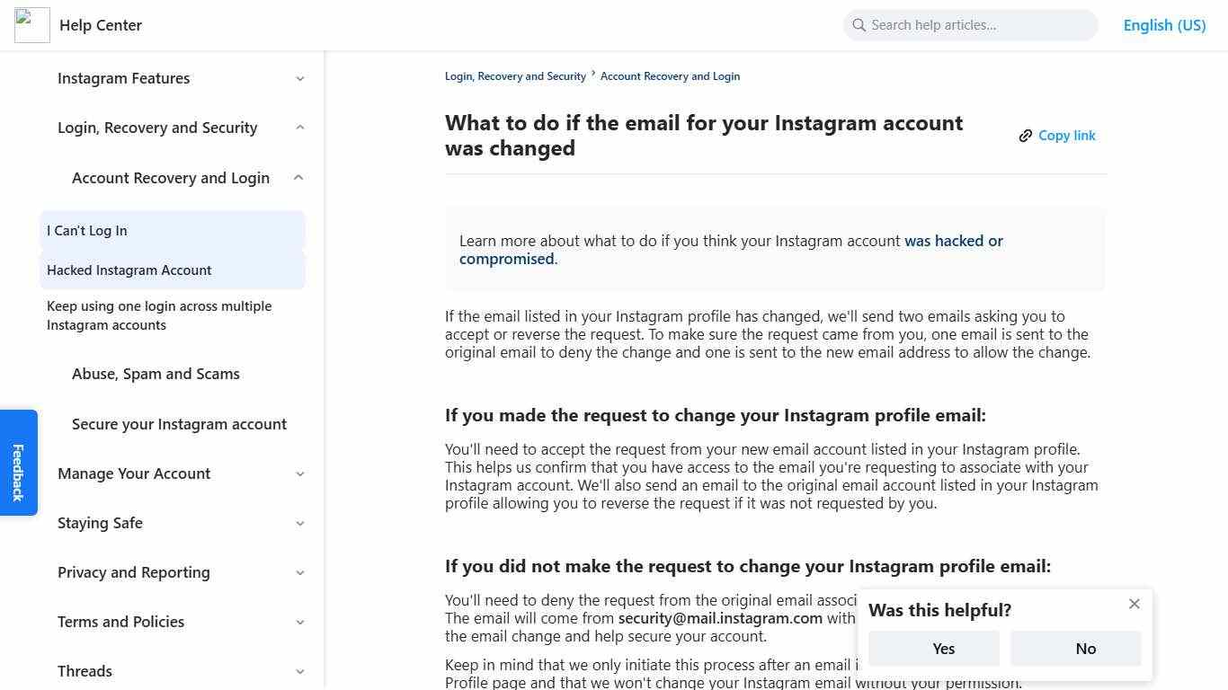 What to do if the email for your Instagram account was changed Instagram Help Center